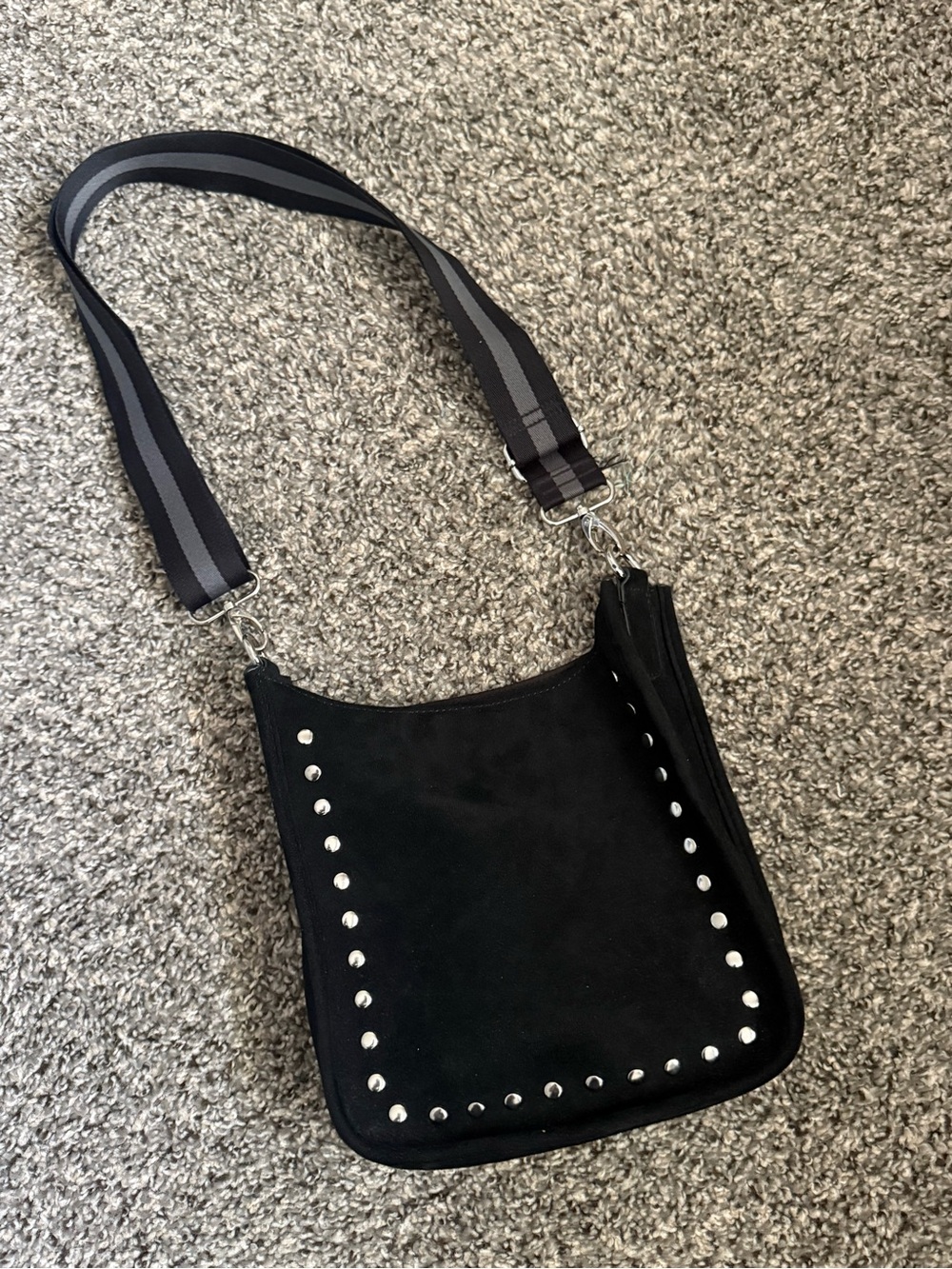 Black Studded Suede Crossbody Bag with Striped Strap
